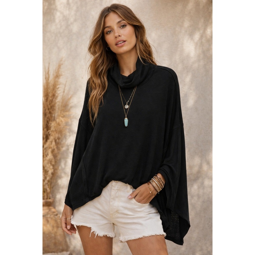 Free People We the Free Relaxed Dolman Sleeve Cowl Neck Knit Top Black XS